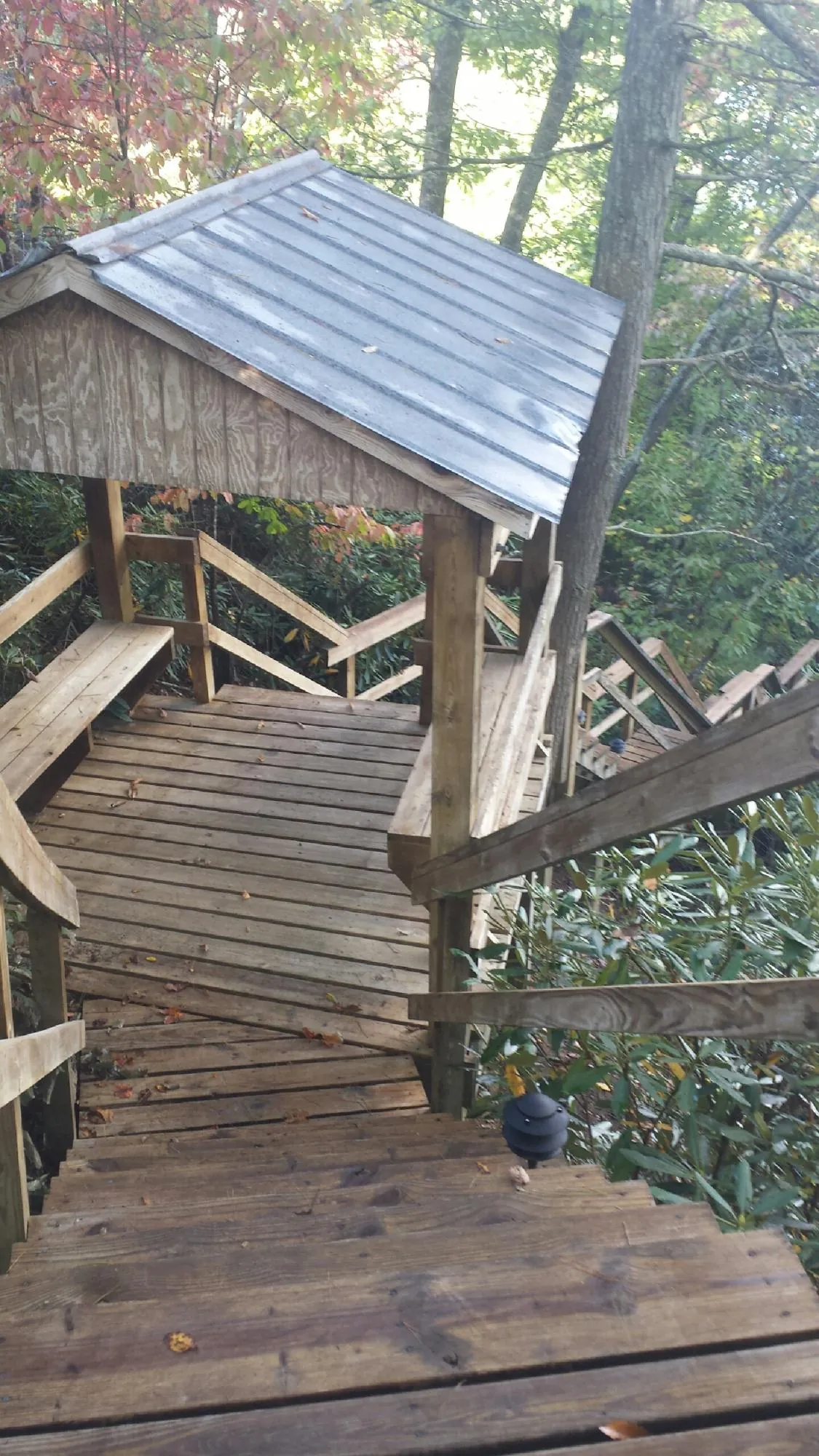 Metal roofed shelter over wooden steps on a wooded walkway — Skylight Repair & Installation work by our crew in Weidman